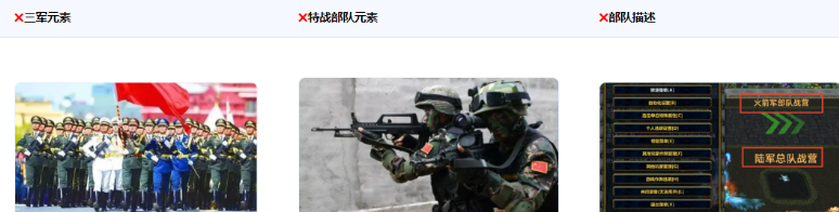不得使用陆海空火箭军、战略支援部队等军种、部队描述等。 不得使用陆海空火箭军、战略支援部队等军种、部队描述等。