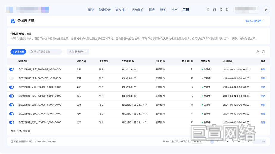 腾讯广告分城市控量策略修改
